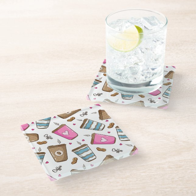 Coffee Cups, Coffee Beans, Hearts, Coffee Lover Glass Coaster (Angled)