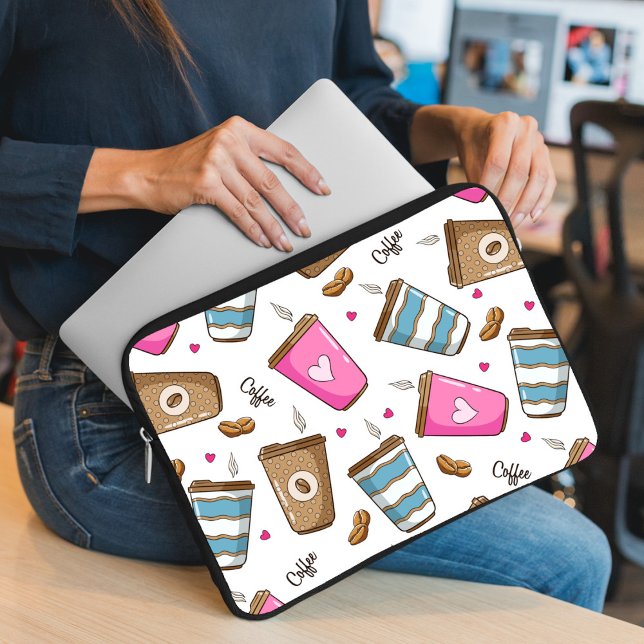 Coffee Cups, Coffee Beans, Hearts, Coffee Lover Laptop Sleeve (Creator Uploaded)