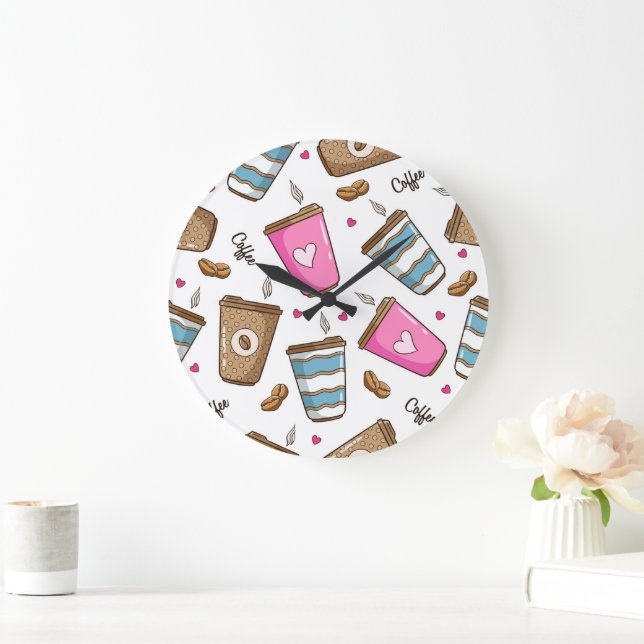 Coffee Cups, Coffee Beans, Hearts, Coffee Lover Large Clock (Home)