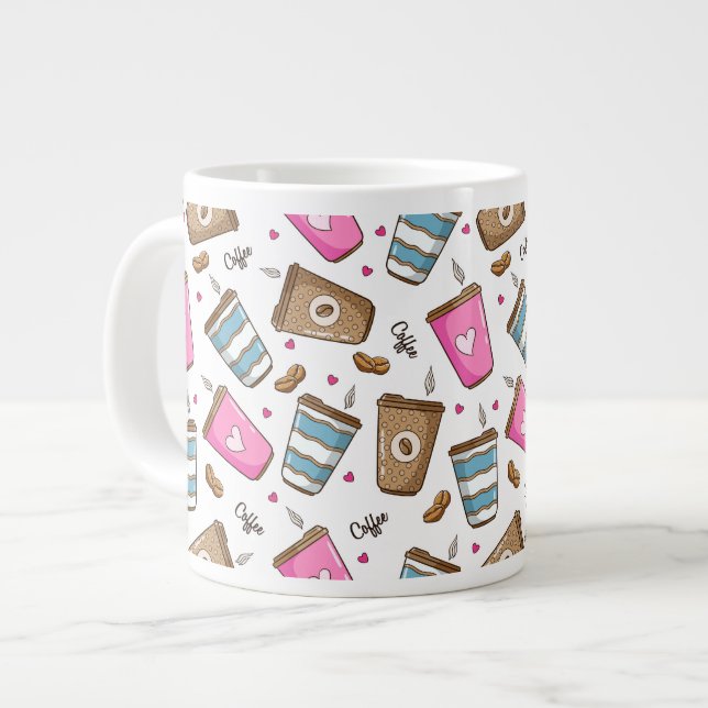 Coffee Cups, Coffee Beans, Hearts, Coffee Lover Large Coffee Mug (Front Left)