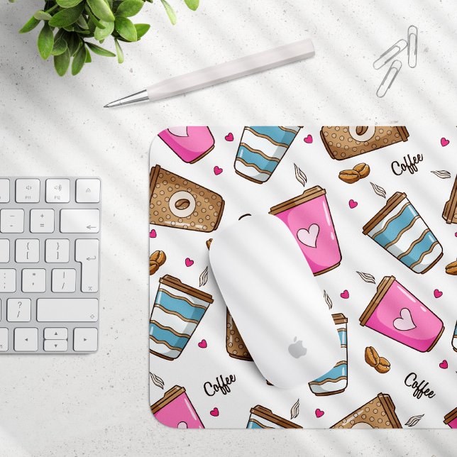 Coffee Cups, Coffee Beans, Hearts, Coffee Lover Mouse Mat (Creator Uploaded)