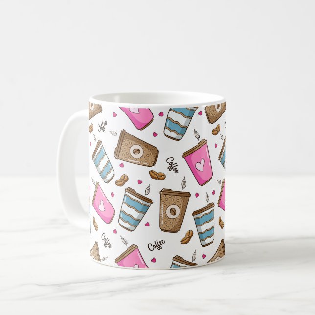 Coffee Cups, Coffee Beans, Hearts, Coffee Lover Mug (Front Left)