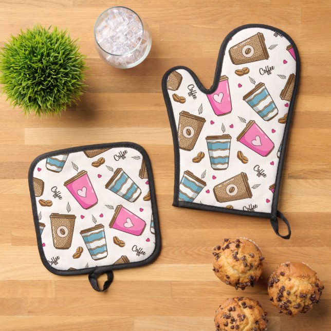 Coffee Cups, Coffee Beans, Hearts, Coffee Lover Oven Mitt & Pot Holder Set (Top Down)