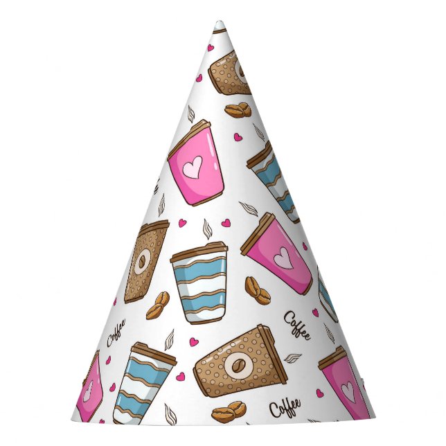 Coffee Cups, Coffee Beans, Hearts, Coffee Lover Party Hat (Front)
