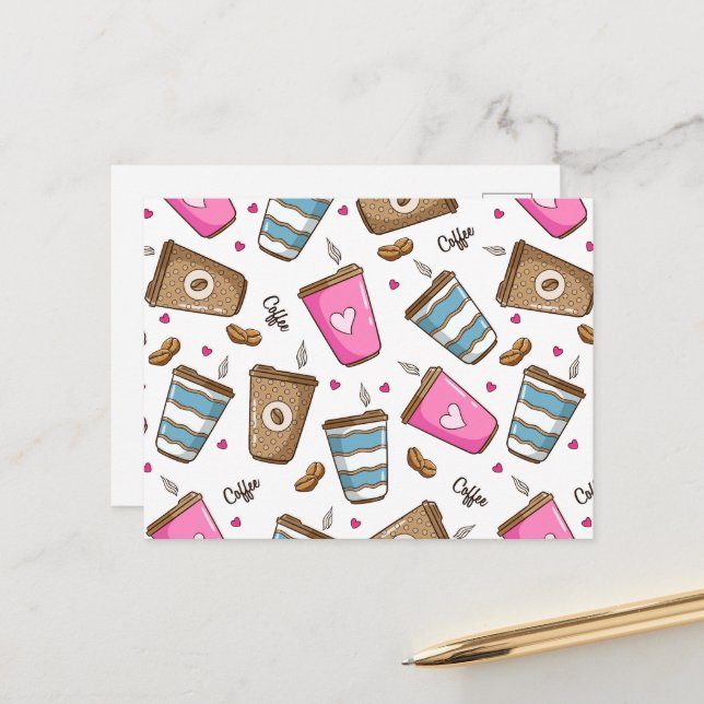Coffee Cups, Coffee Beans, Hearts, Coffee Lover Postcard (Front/Back In Situ)