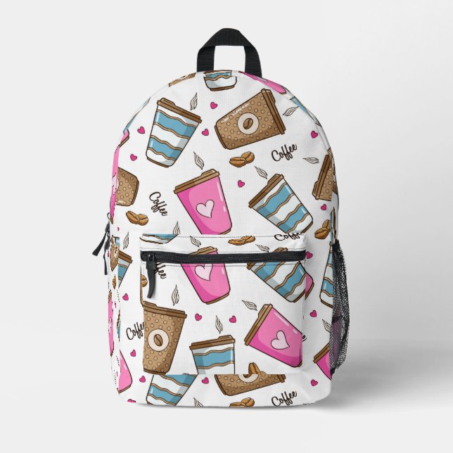 Coffee Cups, Coffee Beans, Hearts, Coffee Lover Printed Backpack (Front)