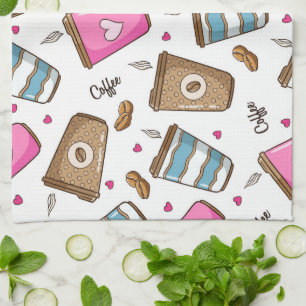 Coffee Cups, Coffee Beans, Hearts, Coffee Lover Tea Towel
