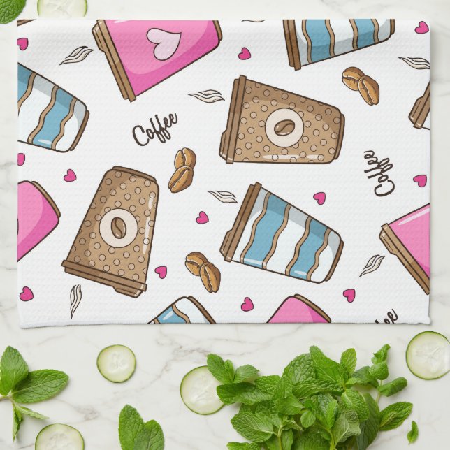 Coffee Cups, Coffee Beans, Hearts, Coffee Lover Tea Towel (Folded)