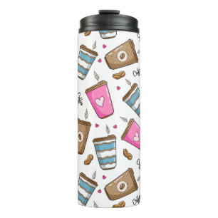 Coffee Cups, Coffee Beans, Hearts, Coffee Lover Thermal Tumbler