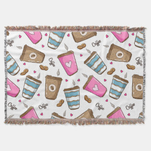 Coffee Cups, Coffee Beans, Hearts, Coffee Lover Throw Blanket