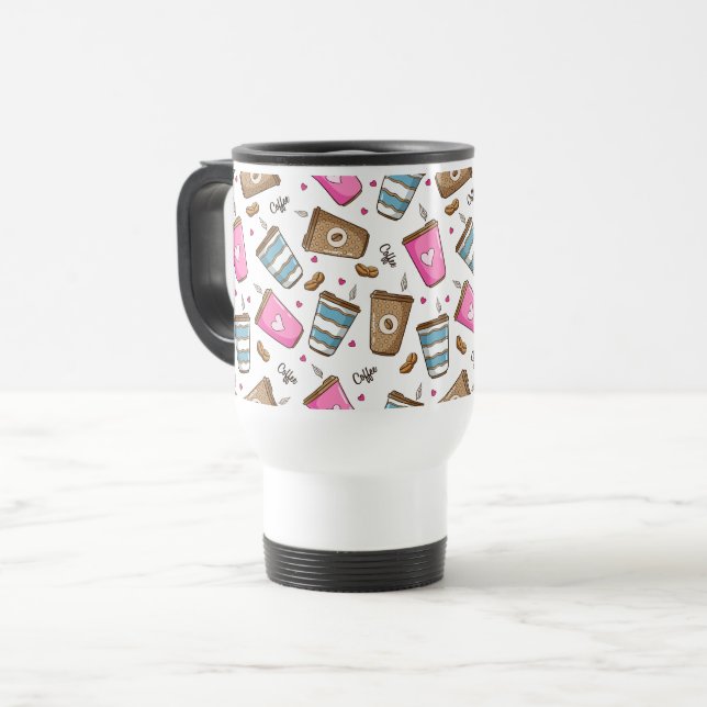 Coffee Cups, Coffee Beans, Hearts, Coffee Lover Travel Mug (Front Left)