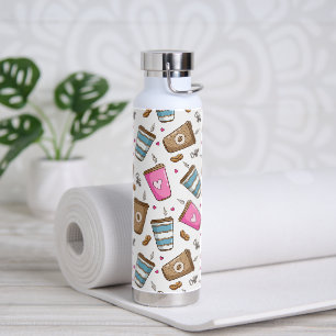 Coffee Cups, Coffee Beans, Hearts, Coffee Lover Water Bottle