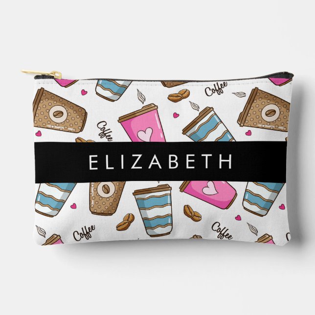 Coffee Cups, Coffee Beans, Hearts, Your Name Accessory Pouch (Front)