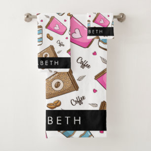 Coffee Cups, Coffee Beans, Hearts, Your Name Bath Towel Set