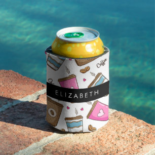 Coffee Cups, Coffee Beans, Hearts, Your Name Can Cooler