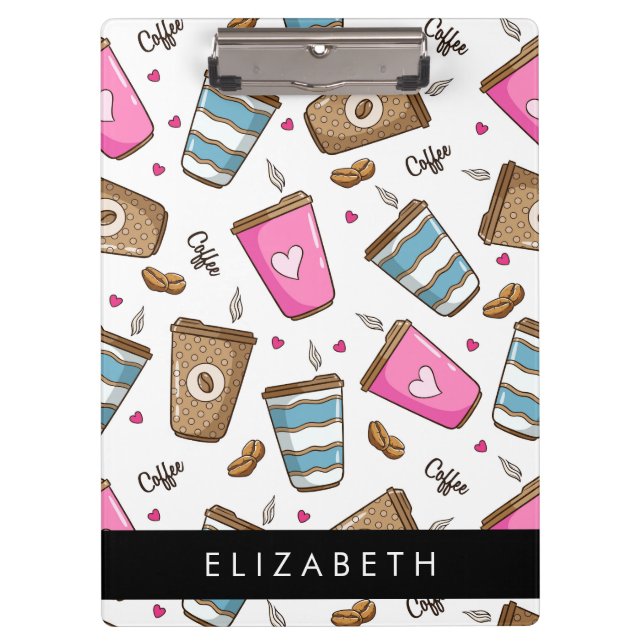 Coffee Cups, Coffee Beans, Hearts, Your Name Clipboard (Front)