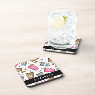 Coffee Cups, Coffee Beans, Hearts, Your Name Coaster