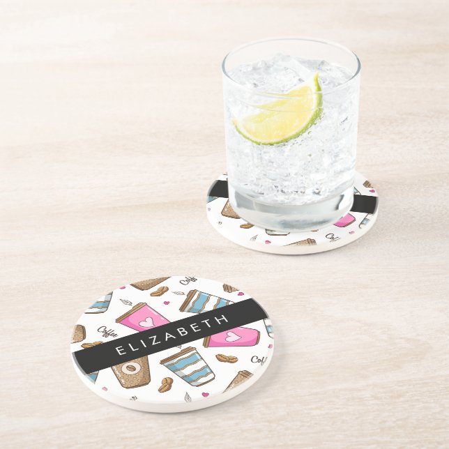 Coffee Cups, Coffee Beans, Hearts, Your Name Coaster (Side)