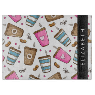 Coffee Cups, Coffee Beans, Hearts, Your Name Cutting Board