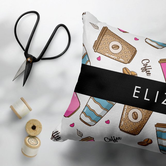 Coffee Cups, Coffee Beans, Hearts, Your Name Decorative Cushion (Creator Uploaded)