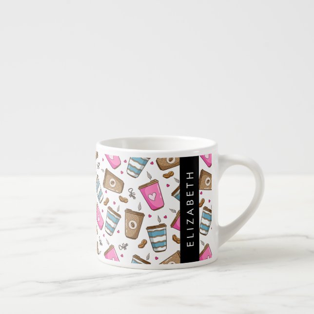 Coffee Cups, Coffee Beans, Hearts, Your Name Espresso Cup (Right)