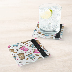 Coffee Cups, Coffee Beans, Hearts, Your Name Glass Coaster