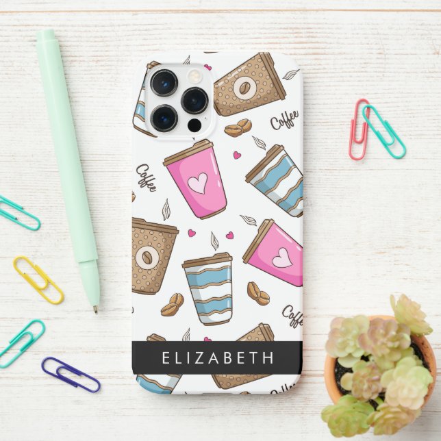 Coffee Cups, Coffee Beans, Hearts, Your Name iPhone Case (On Desk)