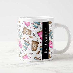 Coffee Cups, Coffee Beans, Hearts, Your Name Large Coffee Mug
