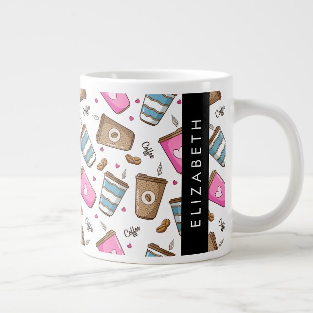 Coffee Cups, Coffee Beans, Hearts, Your Name Large Coffee Mug (Right)