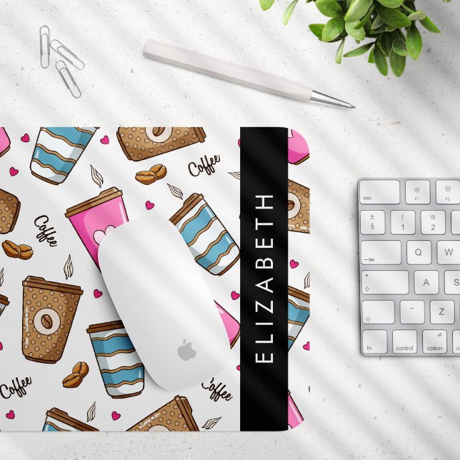 Coffee Cups, Coffee Beans, Hearts, Your Name Mouse Mat (Creator Uploaded)