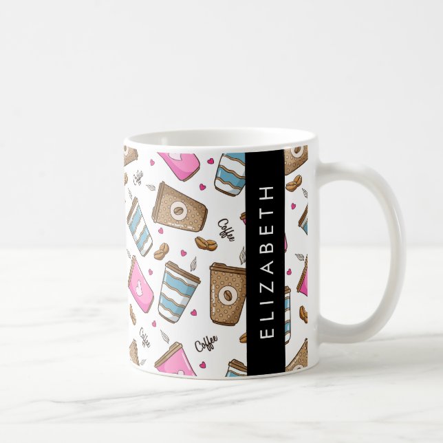 Coffee Cups, Coffee Beans, Hearts, Your Name Mug (Right)