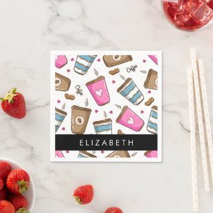 Coffee Cups, Coffee Beans, Hearts, Your Name Napkin