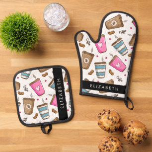 Coffee Cups, Coffee Beans, Hearts, Your Name Oven Mitt & Pot Holder Set