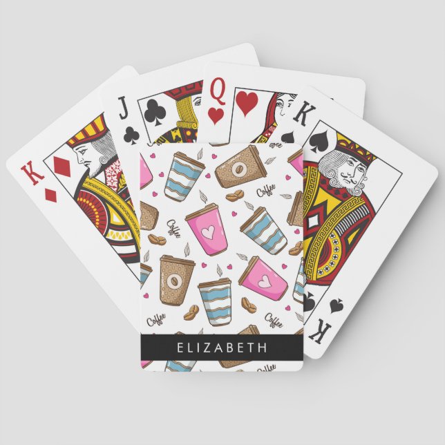 Coffee Cups, Coffee Beans, Hearts, Your Name Playing Cards (Back)