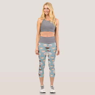 Coffee Cups Cream Caffeine Lover Pastel Blue Brown Capri Leggings