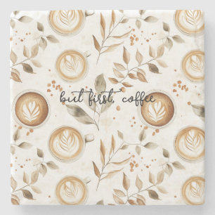 Coffee Cups Leaves Stone Coaster