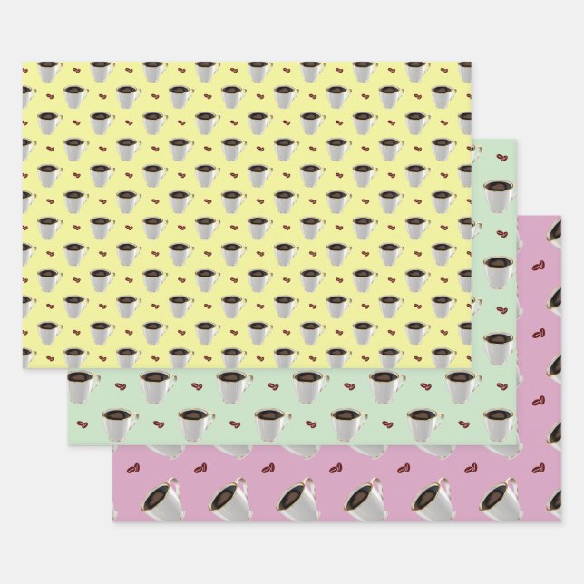 COFFEE CUPS ON PASTEL BACKGROUNDS WRAPPING PAPER SHEET (Set)