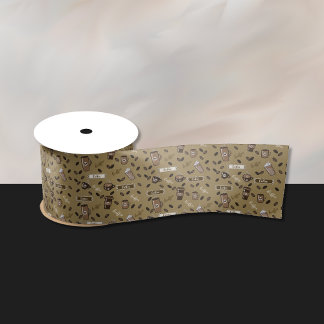 Coffee Cups Pattern and Word Art Ribbon Satin Ribbon