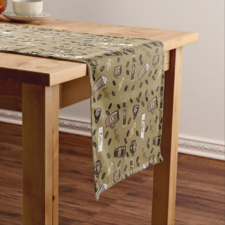 Coffee Cups Pattern Light Brown Table Runner