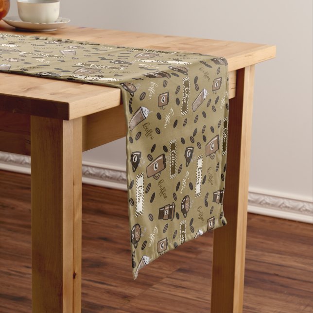 Coffee Cups Pattern Light Brown Table Runner (In Situ)
