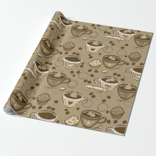 Coffee Cups Pattern Wrapping Paper (Unrolled)