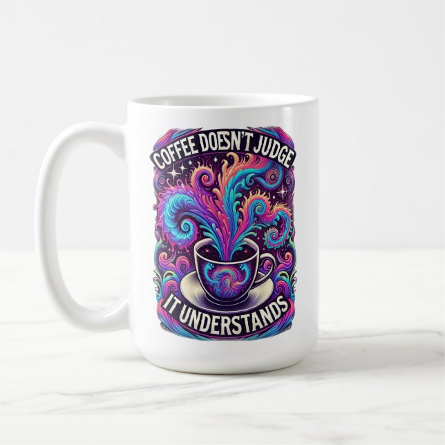 Coffee Doesn’t Judge – Psychedelic Dreamscape Desi Mug (Left)