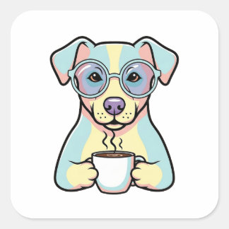 Coffee Dog with Glasses – Cute Whimsical Illustrat Square Sticker