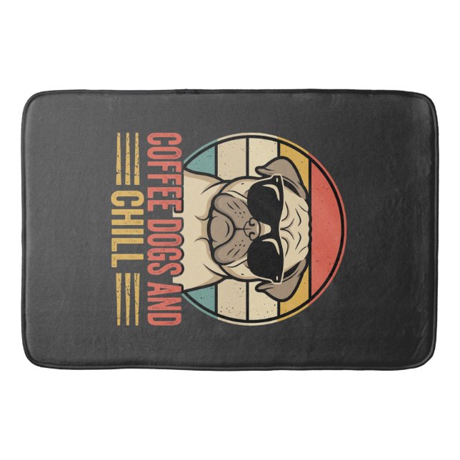 Coffee Dogs and Chill Retro Pug Bath Mat (Front)