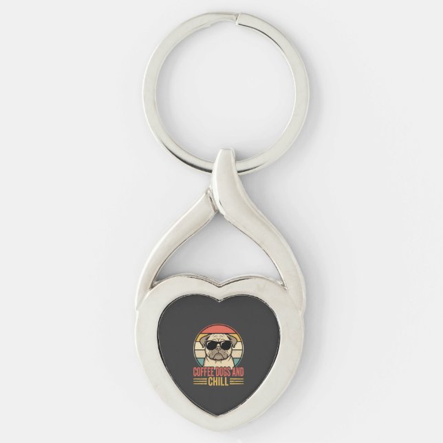 Coffee Dogs and Chill Retro Pug Key Ring (Front)