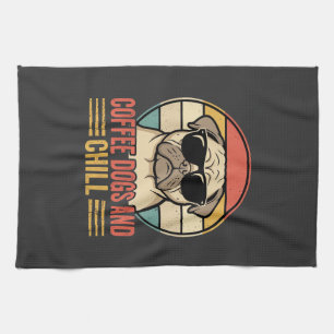 Coffee Dogs and Chill Retro Pug Tea Towel