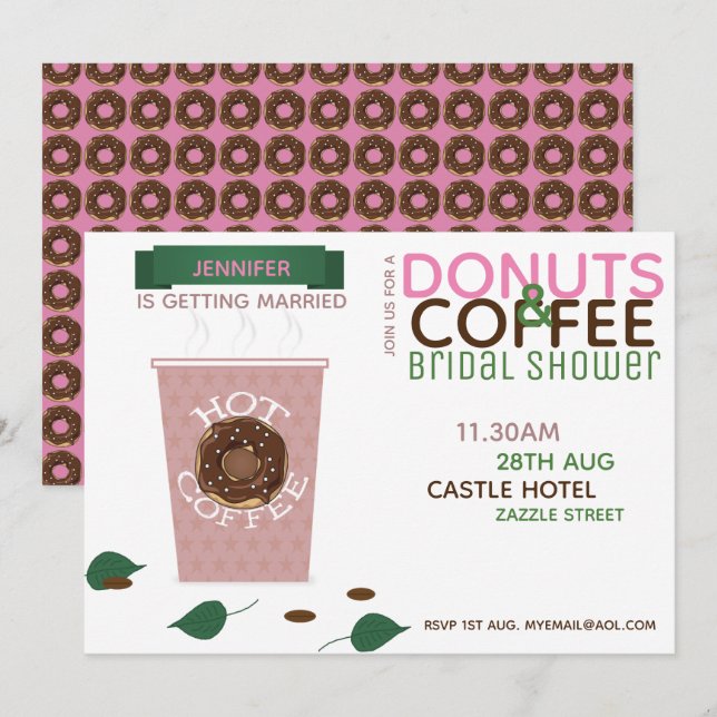 COFFEE DONUTS Bridal Shower Invitation Pink Green (Front/Back)