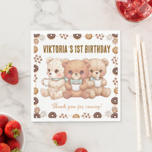 Coffee & Doughnuts Teddy Bear 1st Birthday Party Napkin