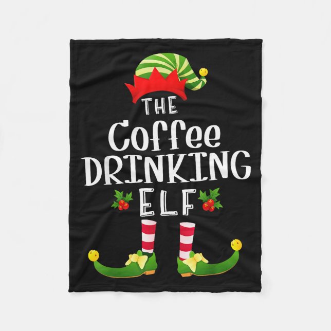 Coffee Drinking Christmas Elf Matching Pajama X-ma Fleece Blanket (Front)