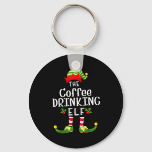 Coffee Drinking Christmas Elf Matching Pajama X-ma Key Ring
